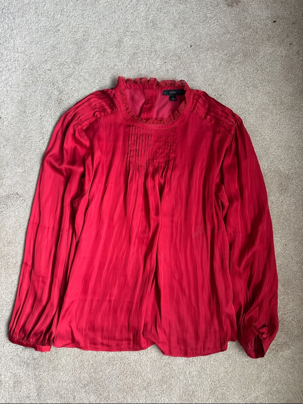 J. Crew Crimson Pintuck Ruffle Neck Blouse